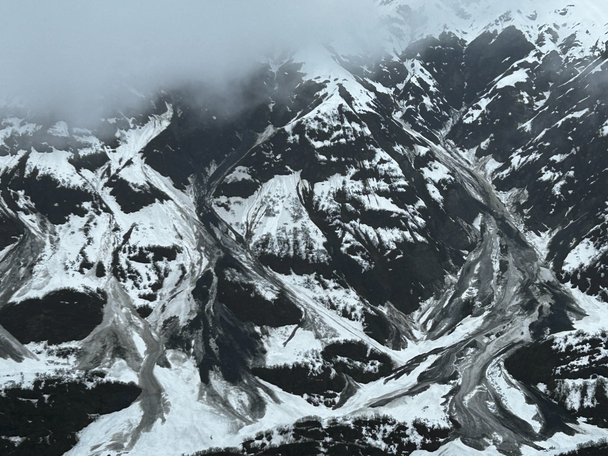 Aerial view of Alaska glaciers and mountains